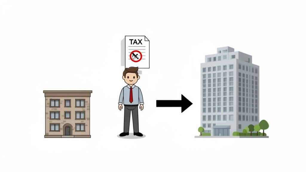 A man defers taxes by exchanging a residential building for a larger commercial property.