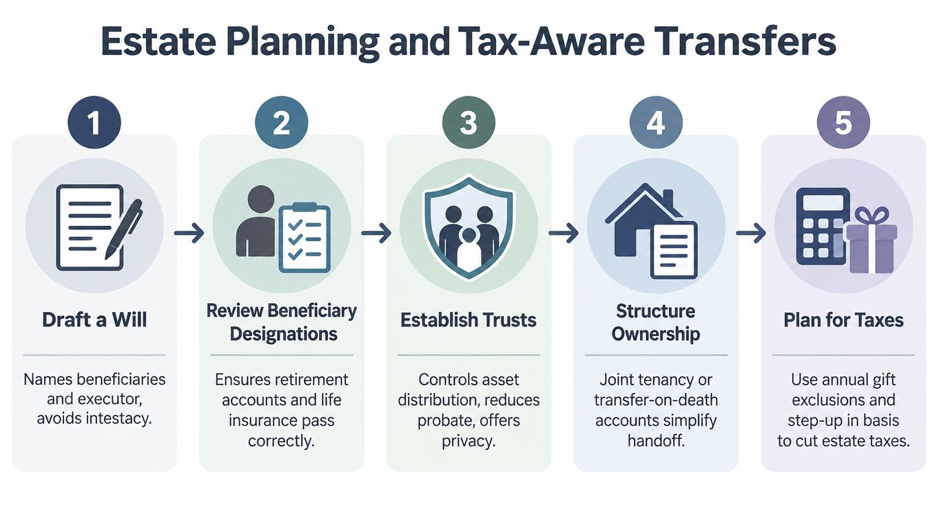 A five-step infographic outlining essential estate planning and tax-aware transfer strategies for individuals.