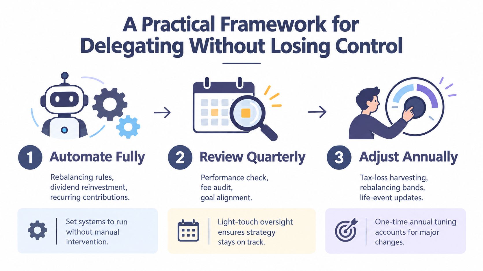 A three-step framework for managing investments efficiently by automating, reviewing quarterly, and adjusting annually for better control.