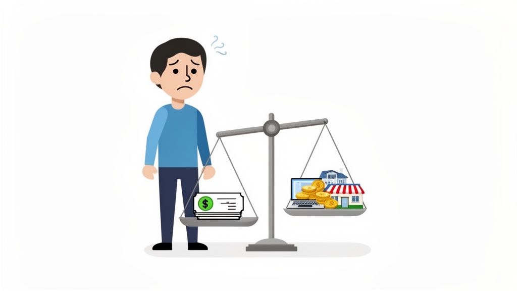 A worried man looks at a scale balancing cash against assets like a house, laptop, and coins.
