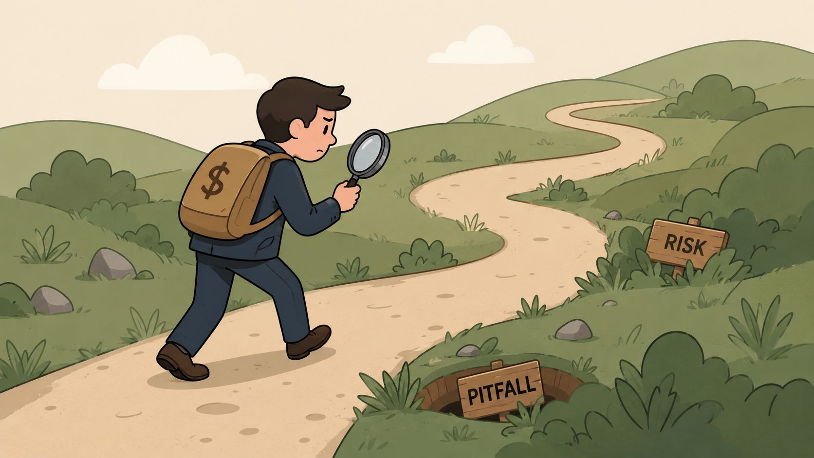 A businessman carrying a money bag using a magnifying glass to inspect a hidden pitfall on a path.