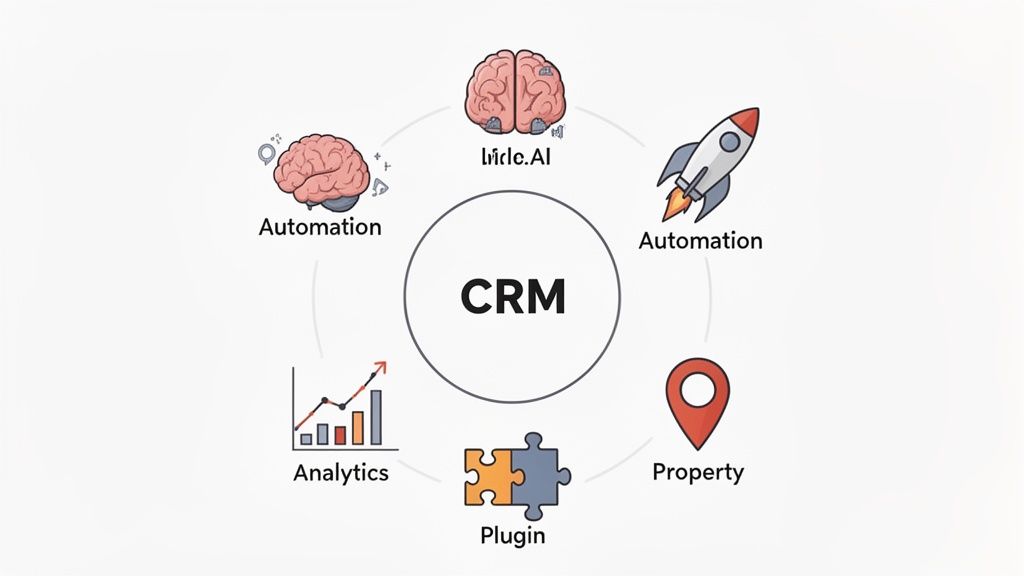 CRM diagram illustrating key features: AI, automation, analytics, property management, and plugins for real estate.