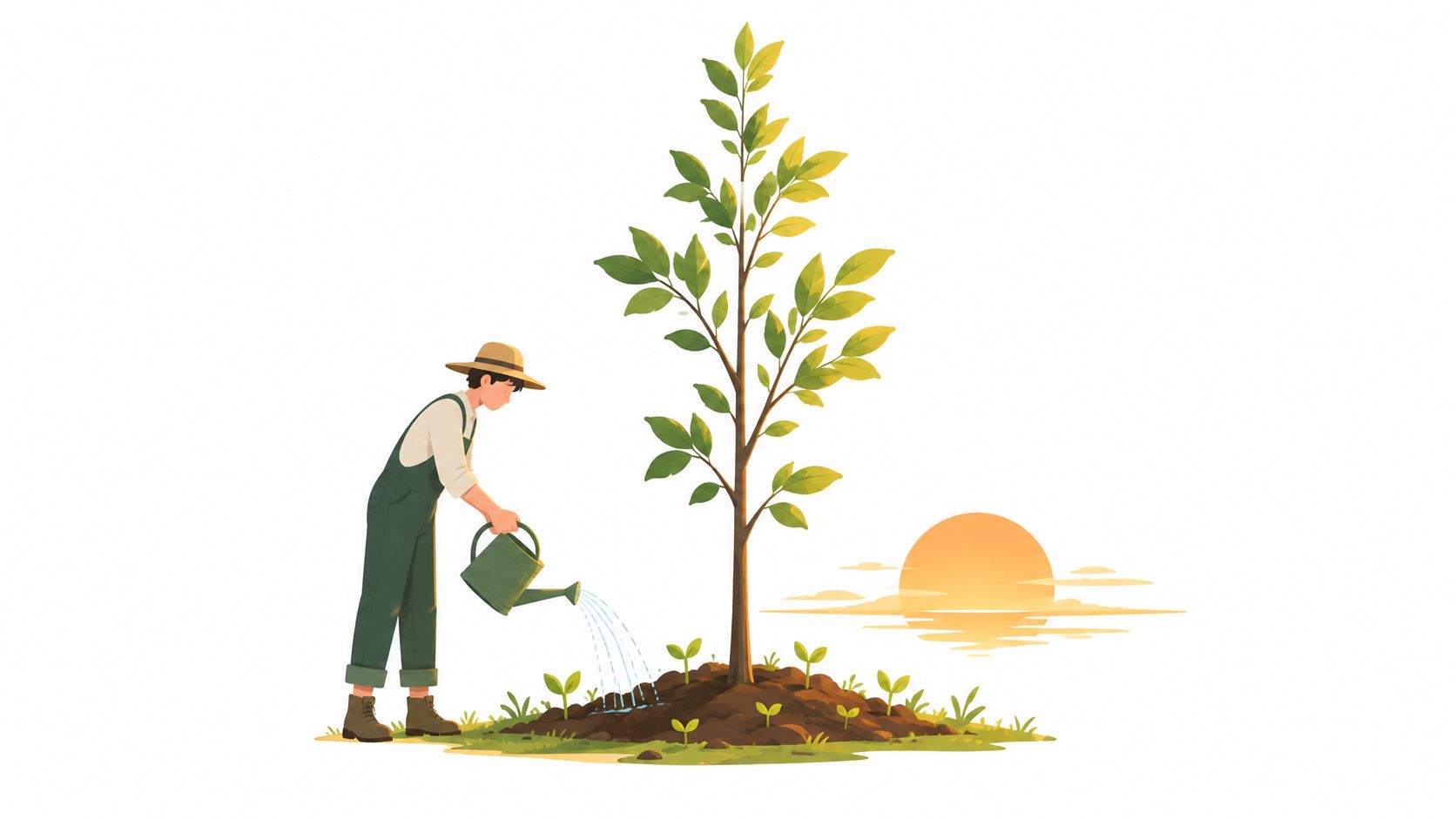 A person in overalls and a hat waters a young tree growing in the soil at sunrise.