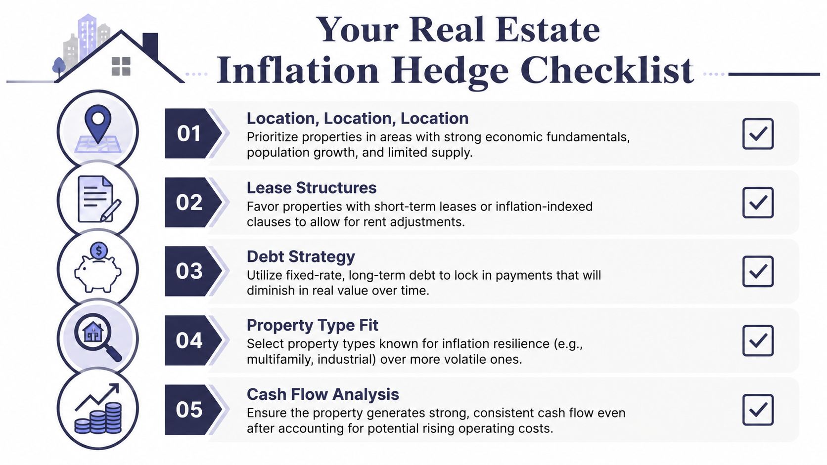 A checklist infographic titled Your Real Estate Inflation Hedge Checklist, detailing five key investment strategies.