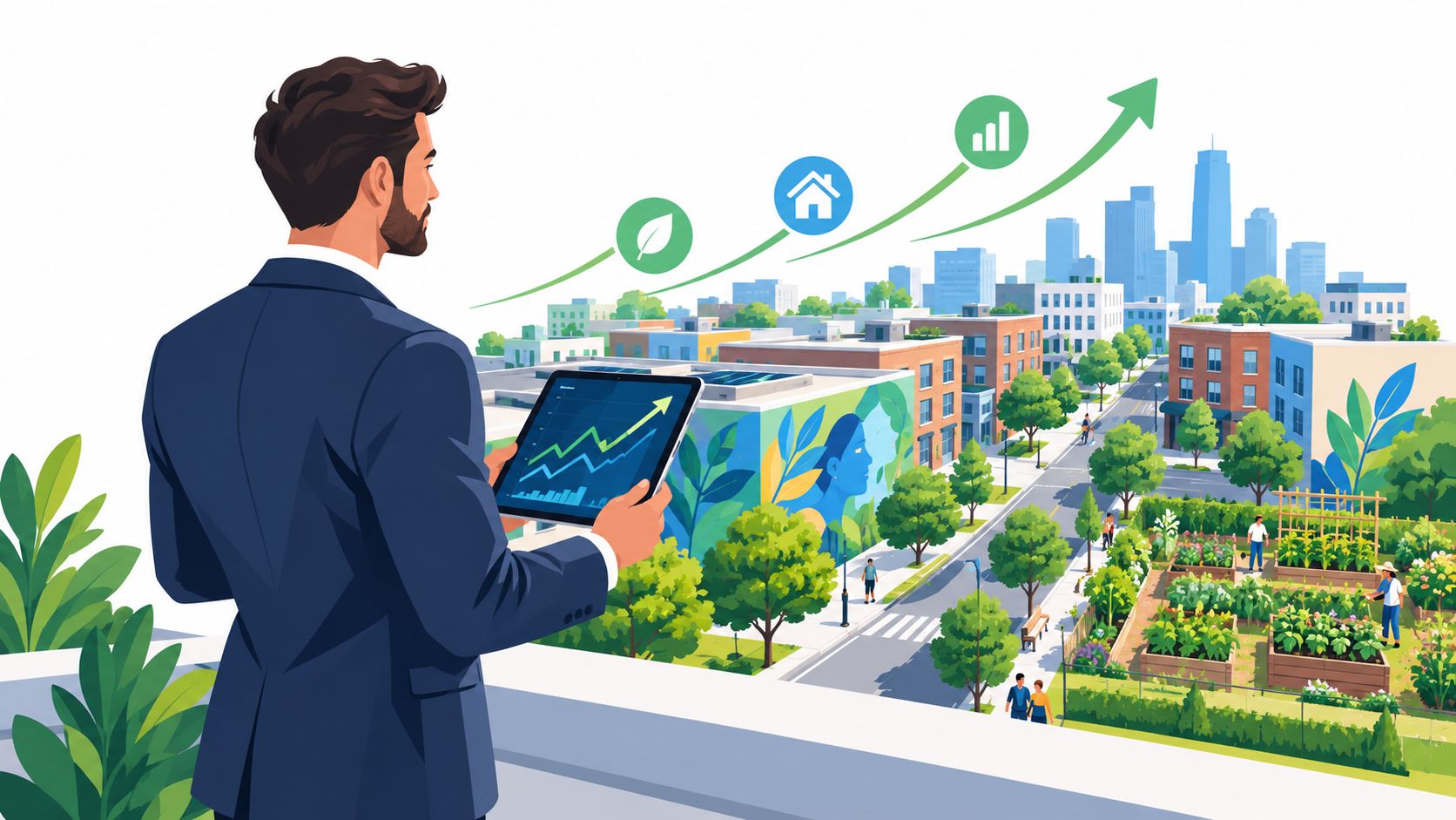 A businessman on a balcony reviewing urban community development programs on a digital tablet above a city.