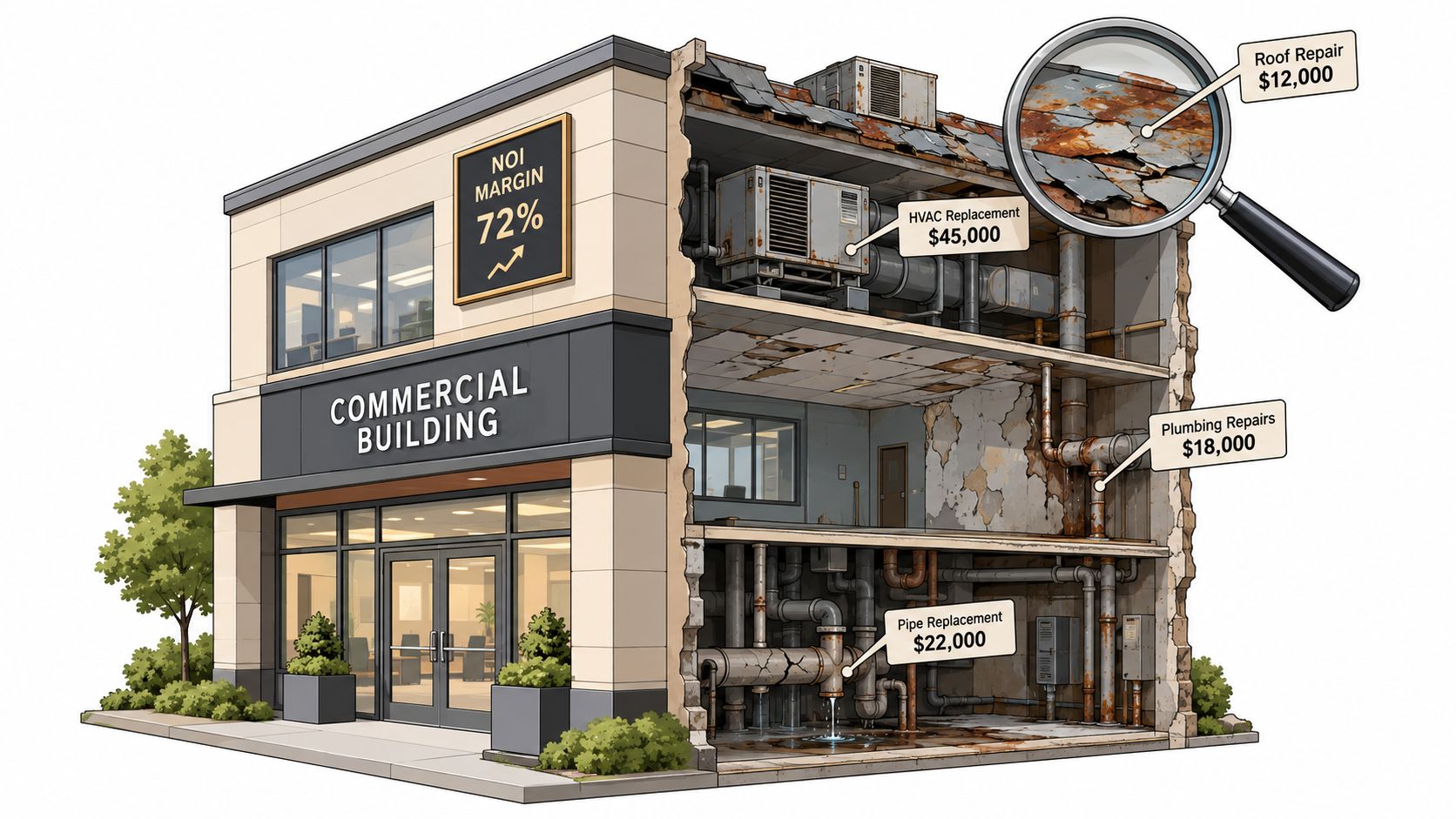 A cutaway view of a commercial building showing various maintenance costs and necessary repairs for property management.
