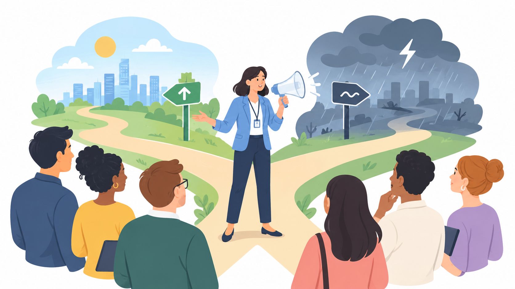A professional leader uses a megaphone to guide a diverse group of employees toward two different paths.