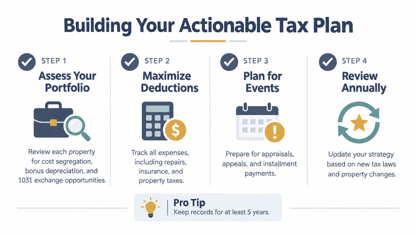 An infographic titled Building Your Actionable Tax Plan outlining four steps for real estate tax management.