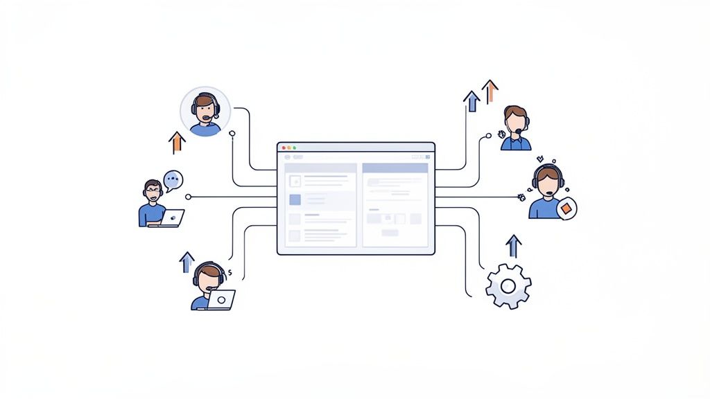 Illustration showing a central application connecting customer support agents for streamlined operations and growth.