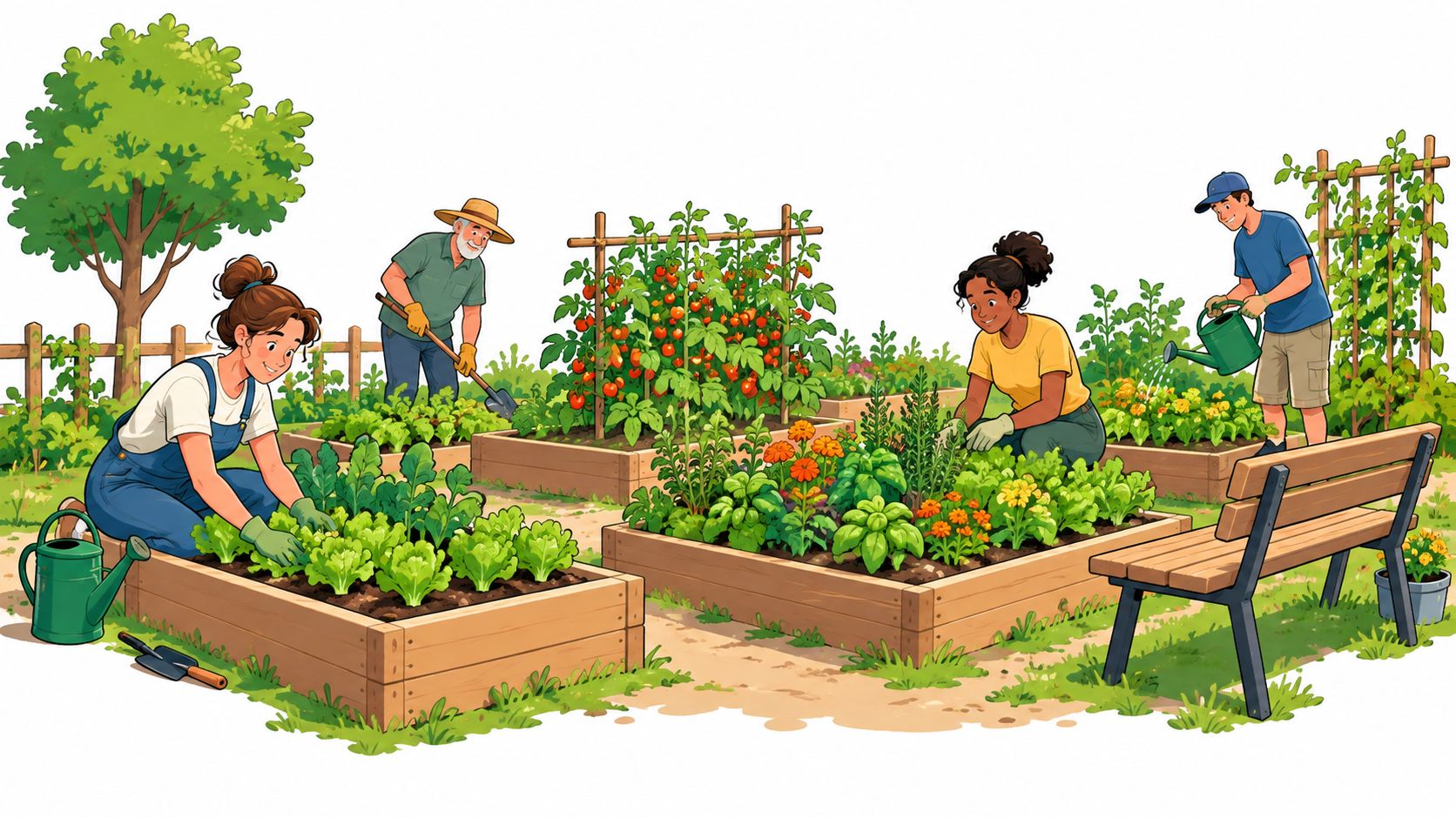 A diverse group of volunteers working together in a lush, flourishing urban community vegetable garden.