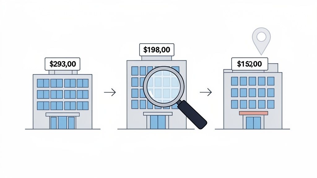 Illustration of three commercial buildings showing a property valuation process with decreasing prices.