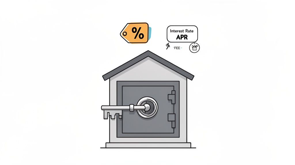 A cartoon house safe with a key and floating tags for interest rate, APR, and fees.