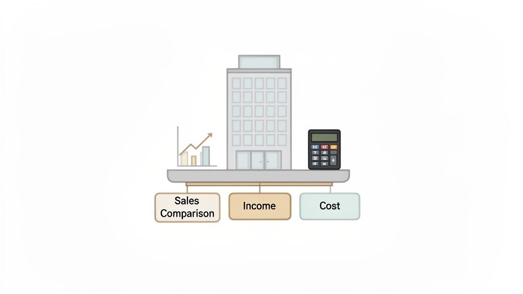 Illustration of a commercial building with financial concepts: sales comparison, income, and cost, alongside a graph and calculator.