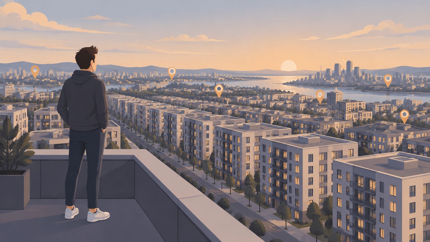 A young man looks out over a modern city skyline from a rooftop terrace, highlighting urban investment opportunities.
