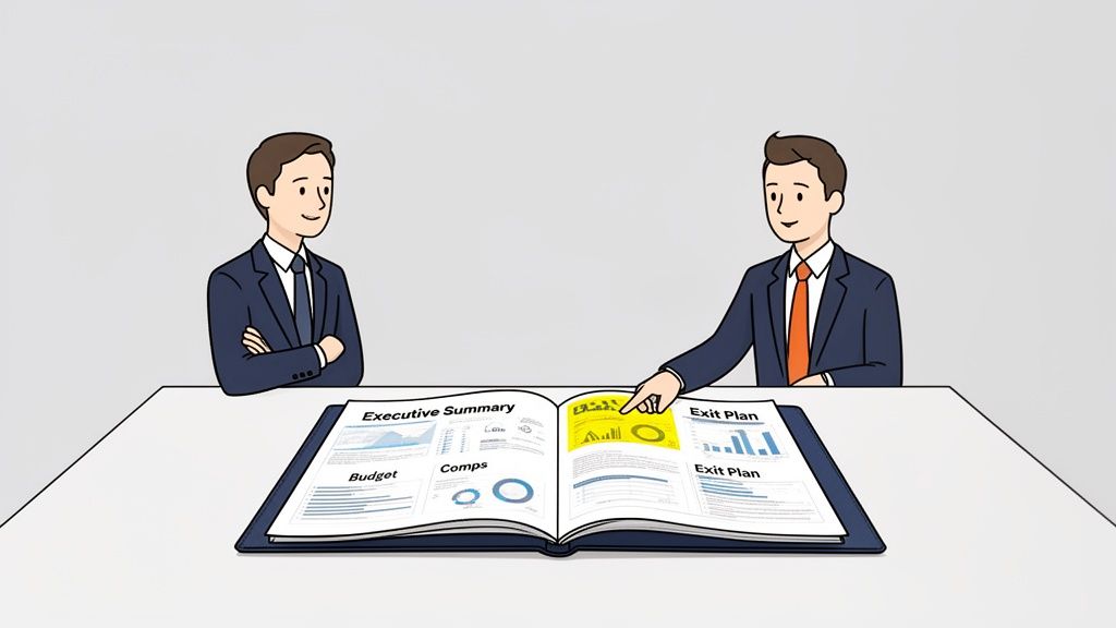Two businessmen in suits review an open financial report with charts and graphs, discussing strategies.