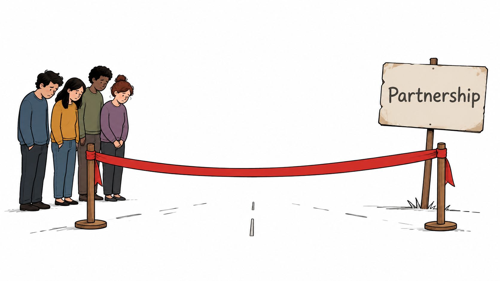 Four diverse, sad-looking people standing behind a red ribbon barrier in front of a partnership sign.