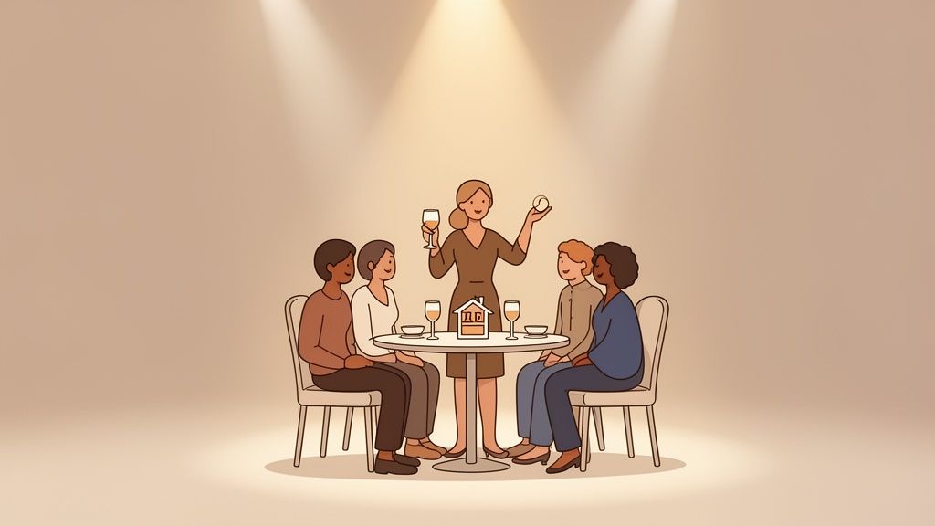 A diverse group of five people gathered around a table with a speaker, glasses, and a house model.