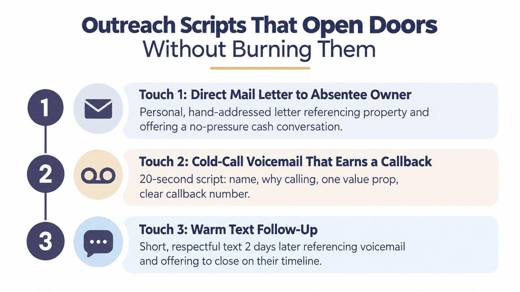 A three-step guide infographic showing outreach strategies for contacting real estate absentee owners to secure off-market deals.