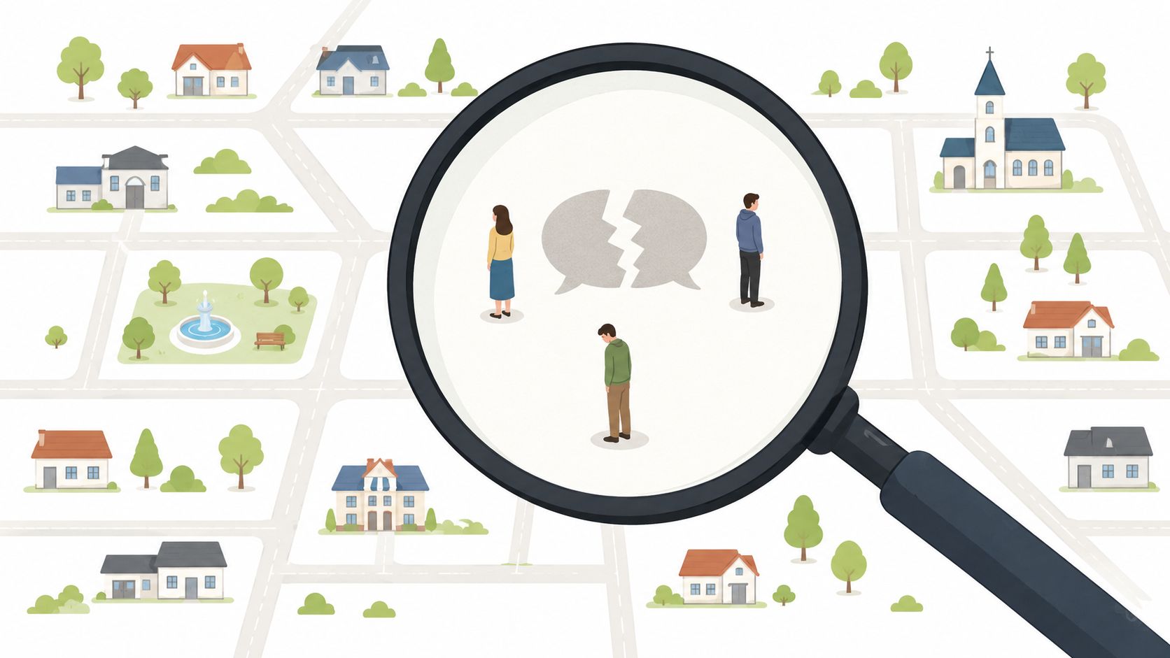 A magnifying glass focusing on three people with a broken speech bubble illustration, symbolizing communication breakdown.