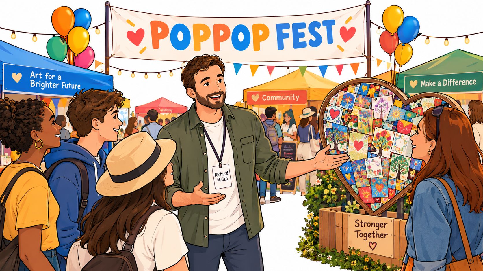 A friendly man named Richard Maize presenting a heart-shaped board filled with art at a community festival.