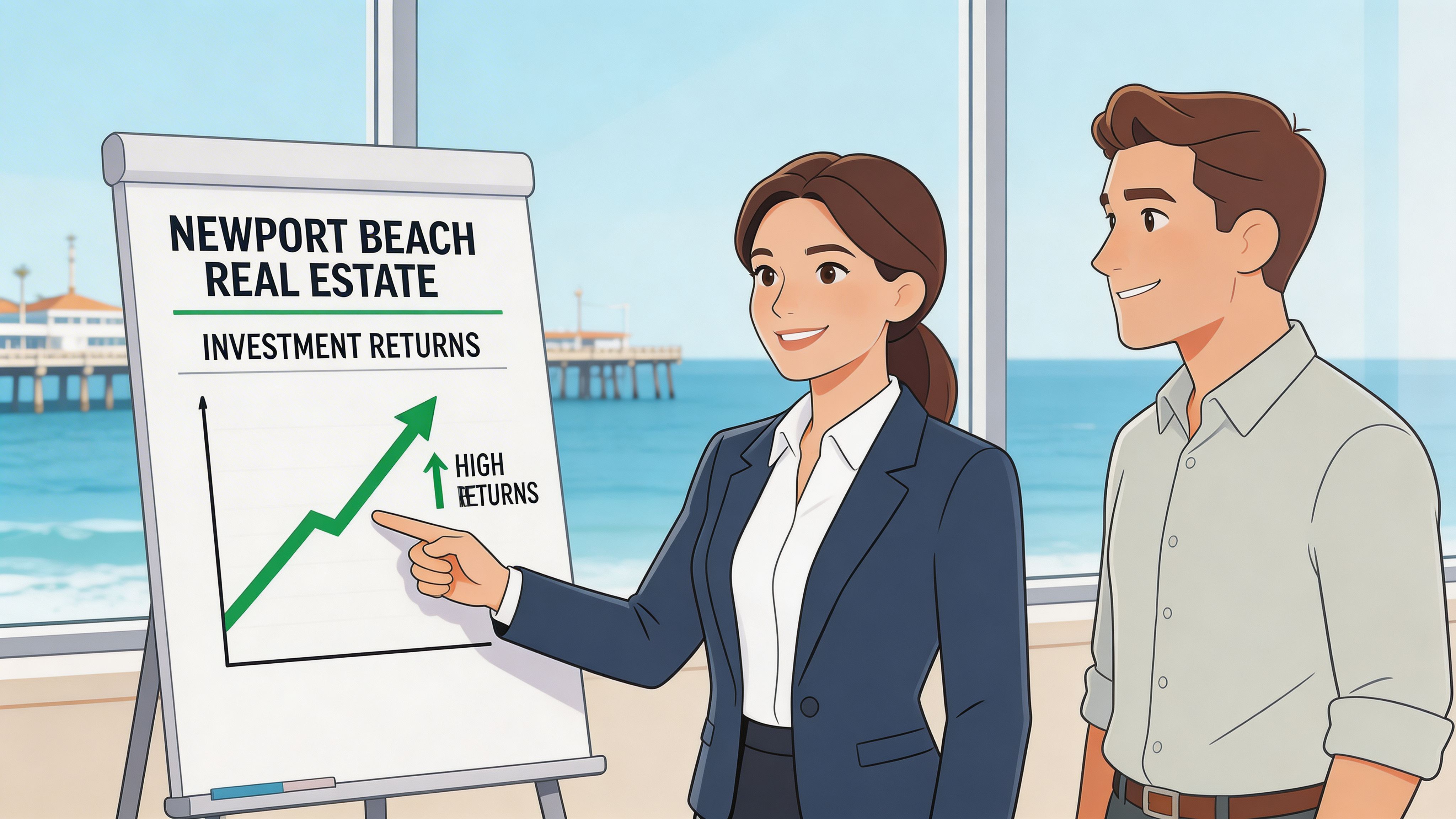 A professional real estate broker presents positive growth chart to a client in a coastal office.