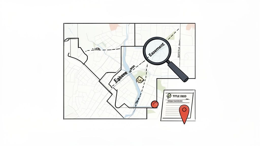 A map displaying property boundaries, a river, and an easement, examined by a magnifying glass and a title deed.