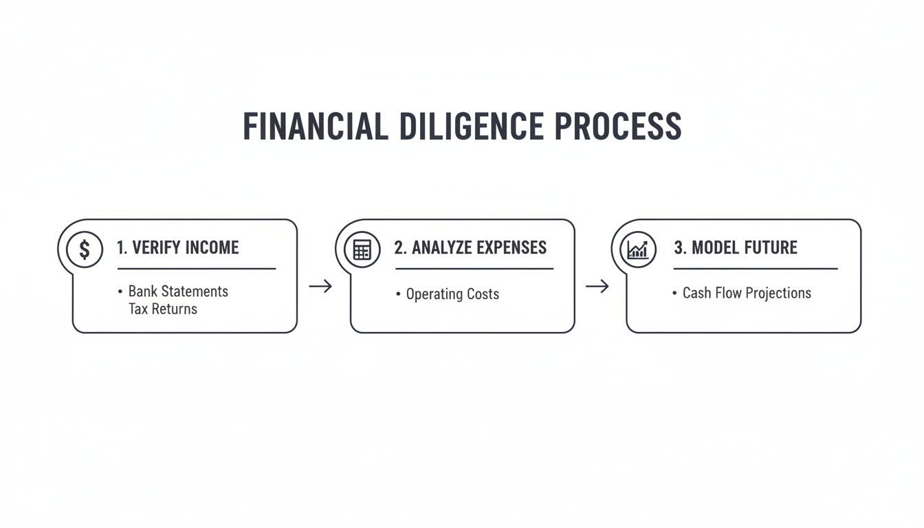 A three-step financial diligence process flowchart showing income verification, expense analysis, and future modeling.