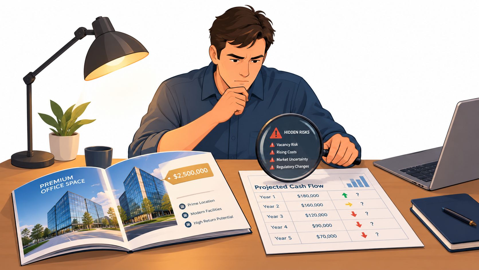 A man analyzing a commercial real estate property prospectus and projected cash flow document under a desk lamp.