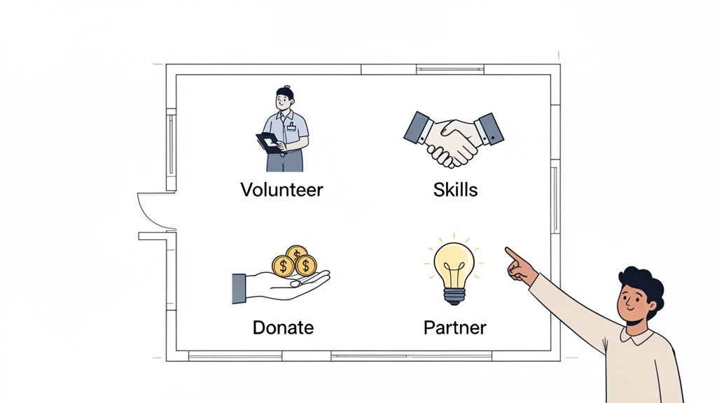A diagram illustrates four ways to contribute: volunteer, skills, donate, and partner, with a person pointing.
