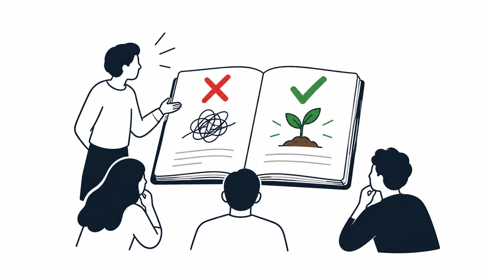 A presenter explaining a concept with a messy scribble versus a growing plant on an open book.