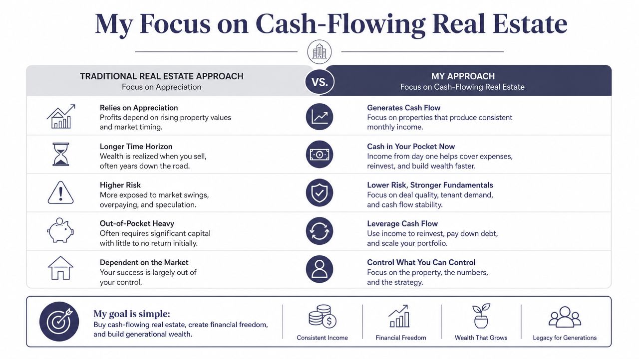A comparison chart highlighting the benefits of cash-flowing real estate investments over a traditional appreciation-based approach.