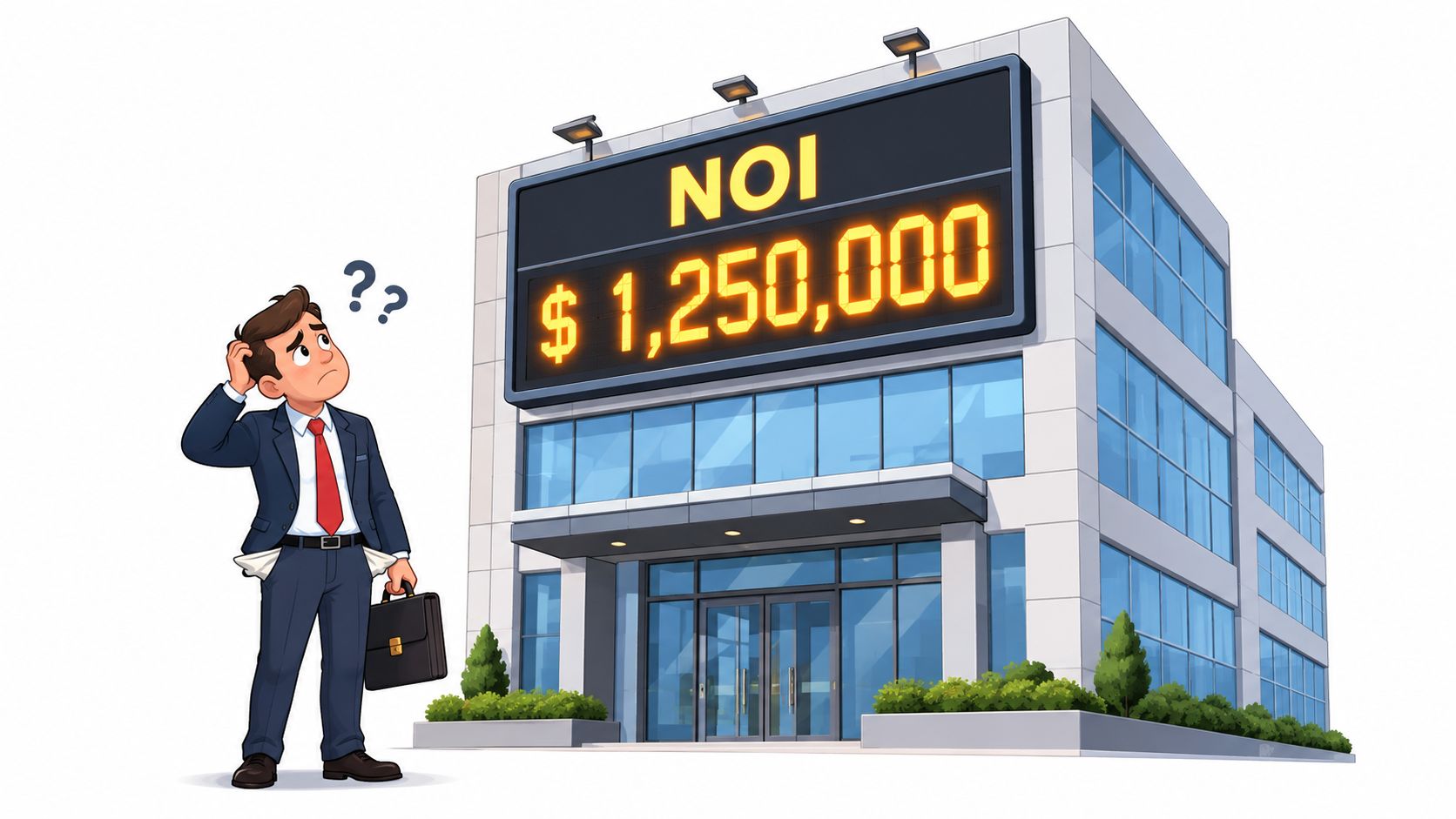 A confused businessman with empty pockets looking at a commercial building displaying a high NOI value.