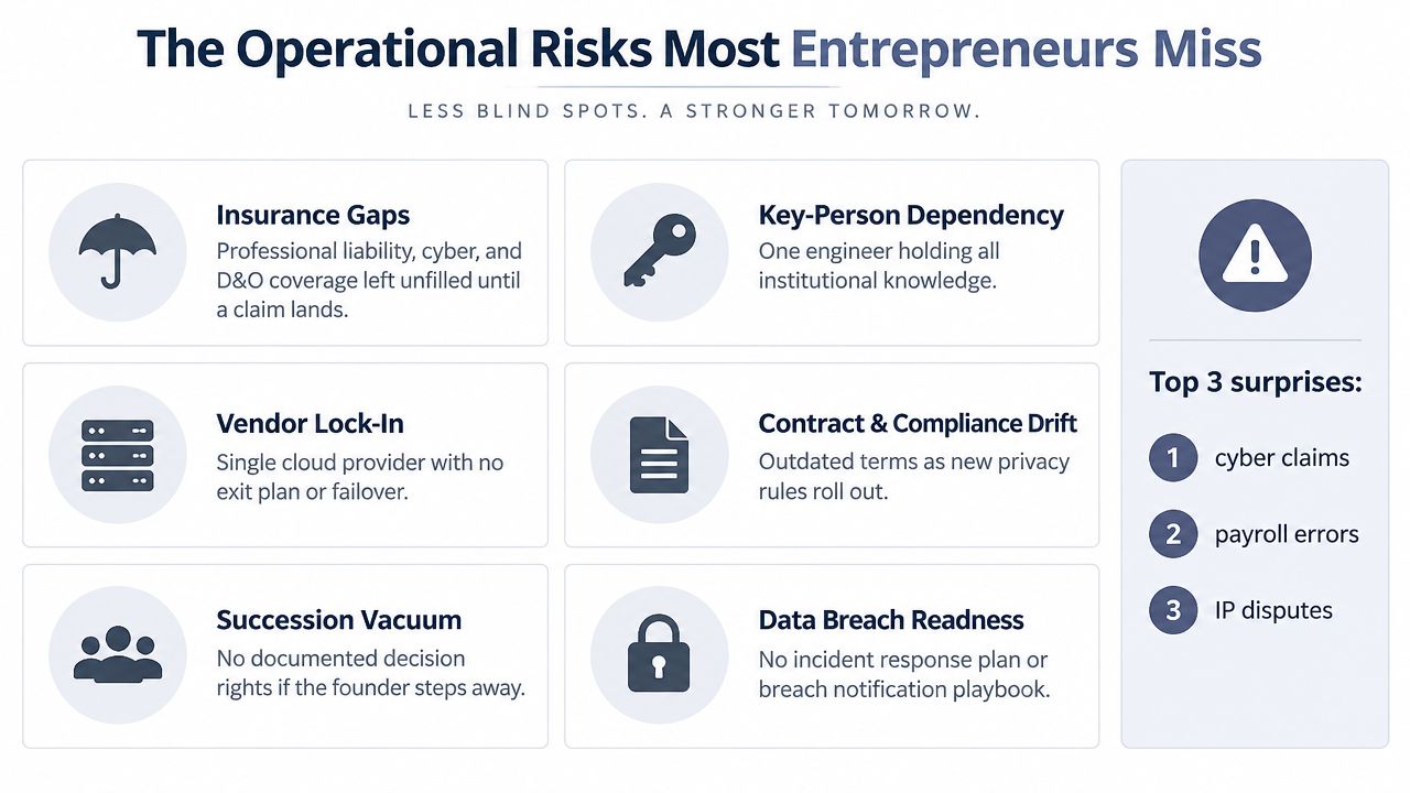 An infographic detailing common operational risks for entrepreneurs including insurance gaps, vendor lock-in, and key-person dependency.