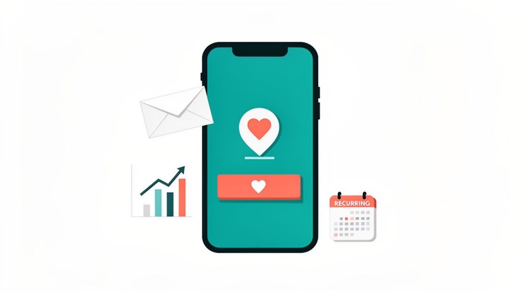 A smartphone displaying heart icons, surrounded by symbols for mail, growth, and recurring events.