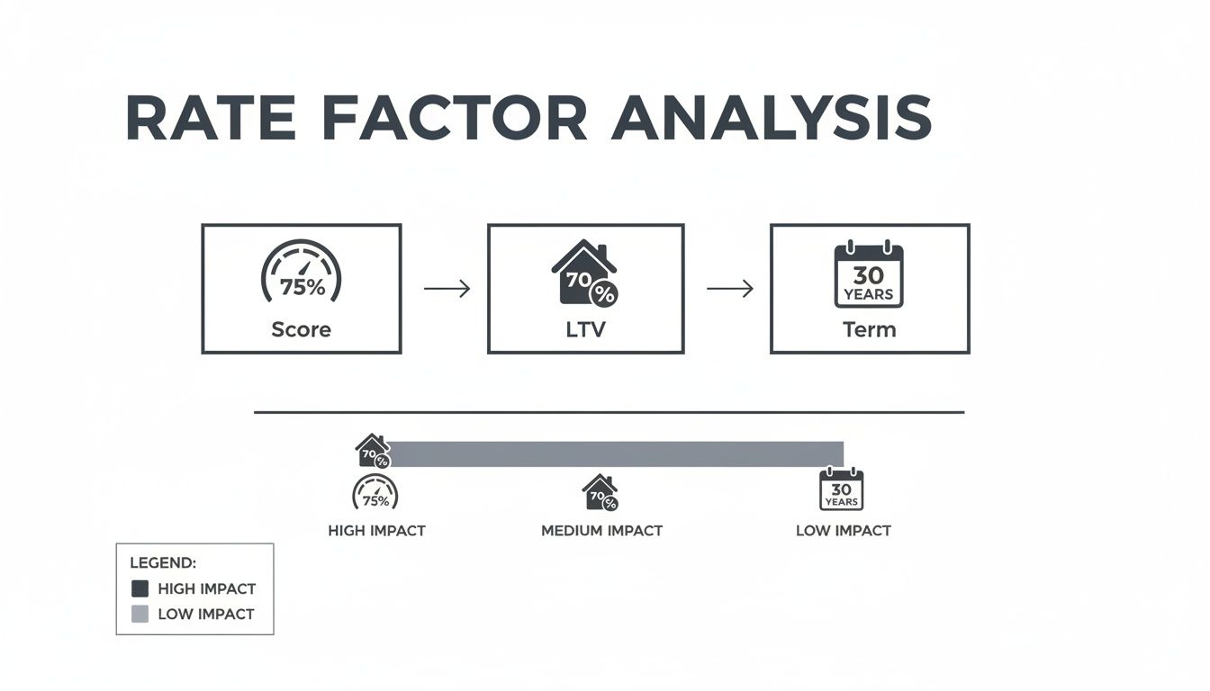 Diagram of rate factor analysis showing impact of credit score, loan-to-value, and loan term.
