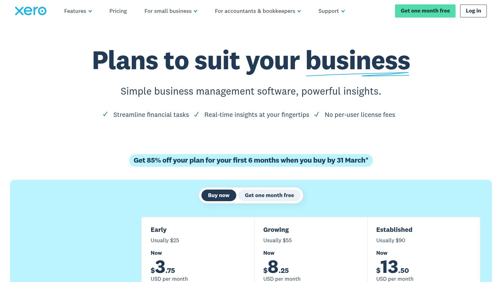 Xero pricing plans showing Early, Growing, and Established tiers with their features and monthly costs