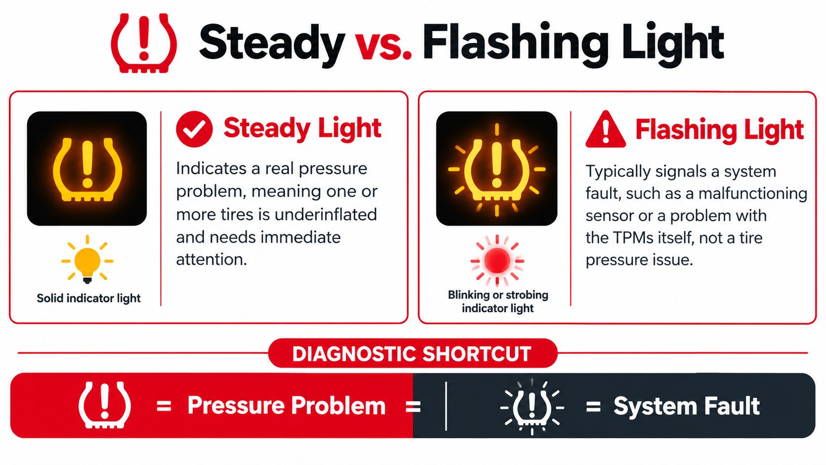 An infographic explaining the difference between a steady and flashing low tire pressure warning light.