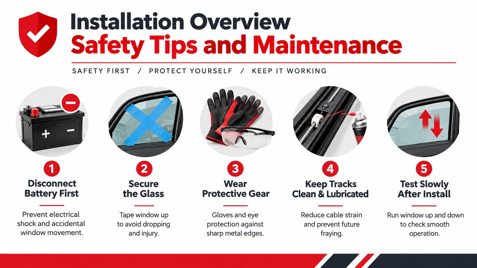 An infographic detailing five safety tips and maintenance steps for installing a car window regulator system.
