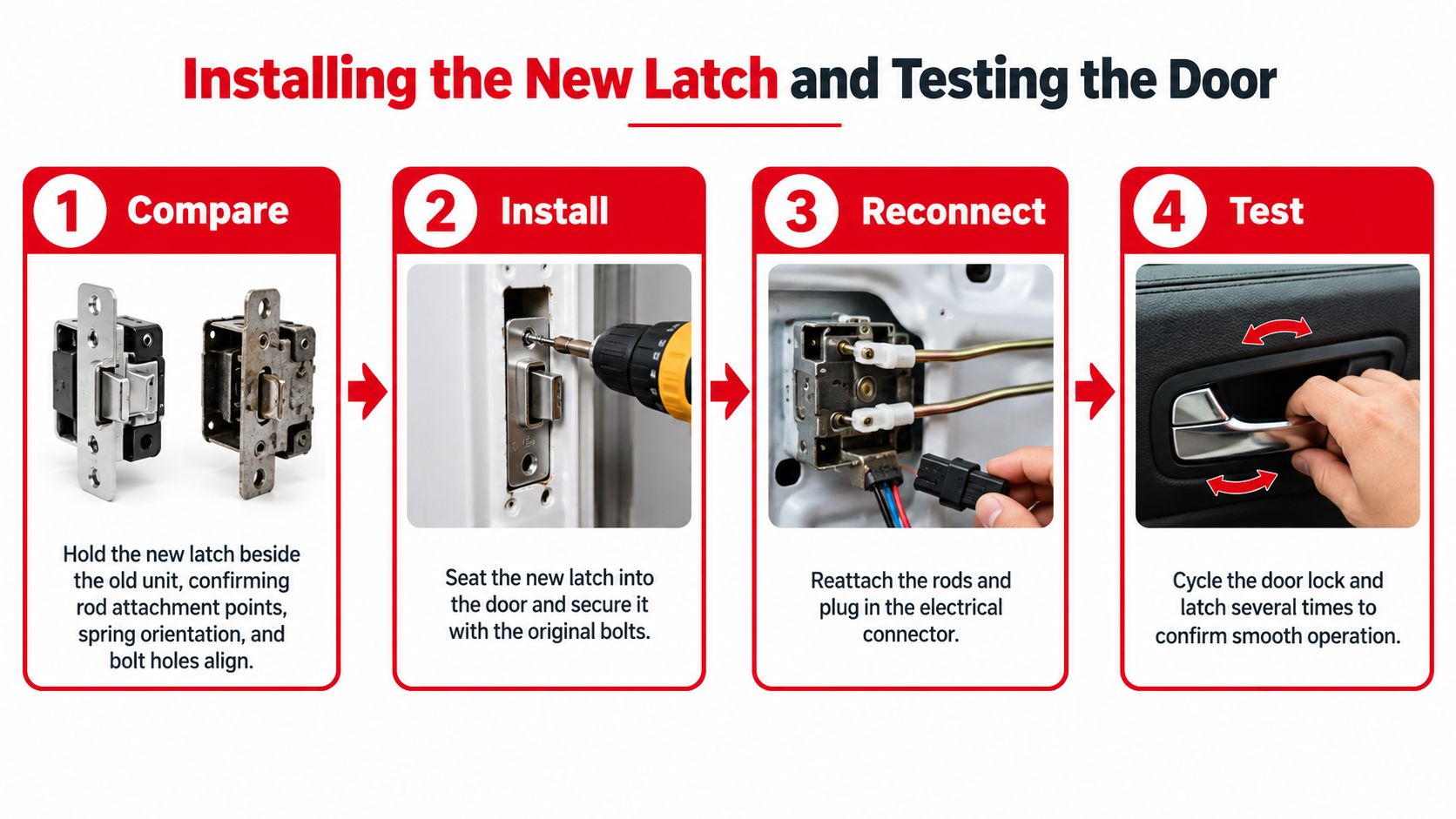 A four-step infographic illustrating how to install and test a replacement car door latch mechanism.