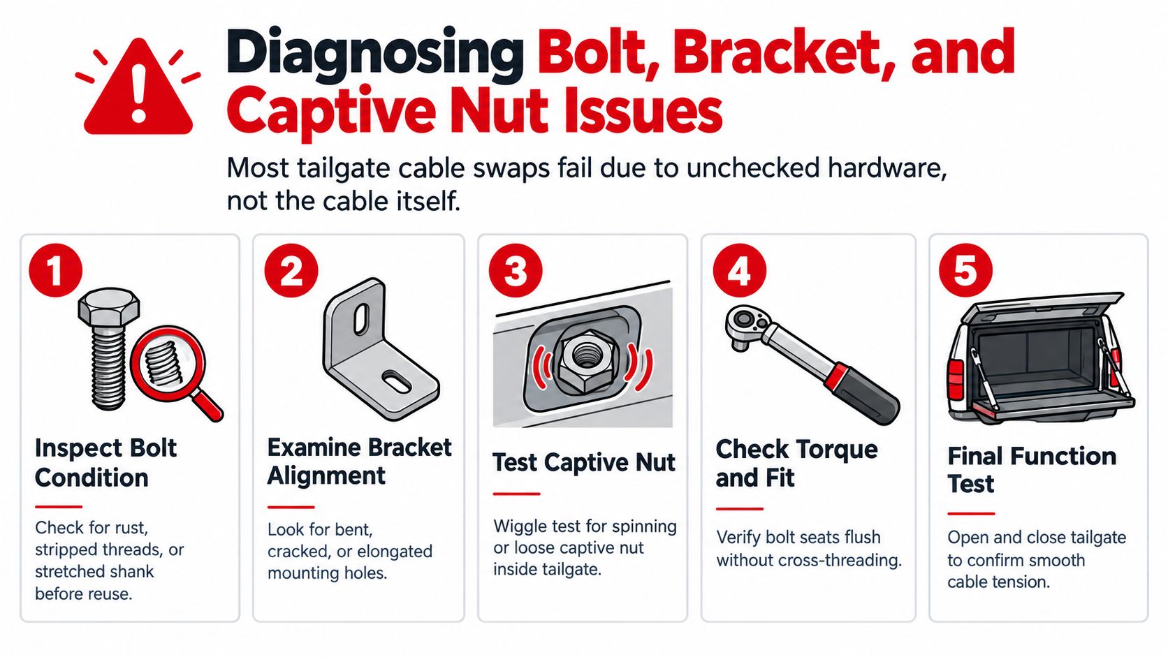 A five-step instructional guide on how to inspect tailgate hardware including bolts, brackets, and captive nuts.