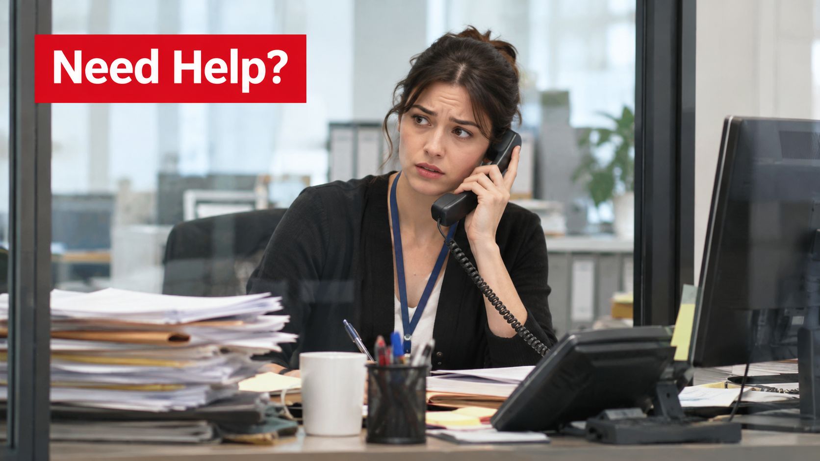 A concerned office worker speaking on the telephone at a desk cluttered with paperwork and office supplies.