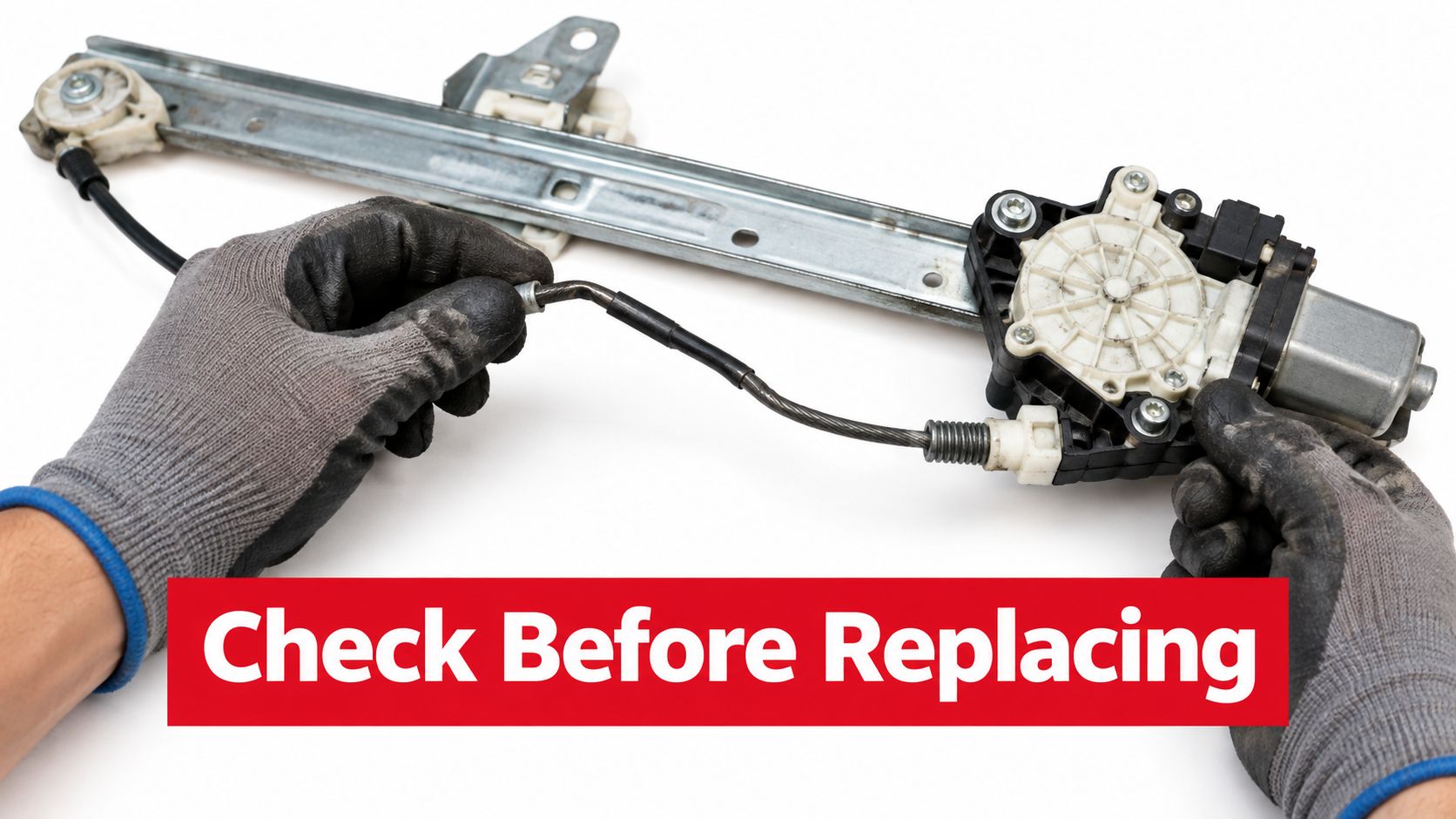 A technician wearing protective gloves inspects a car window regulator assembly before initiating a replacement procedure.