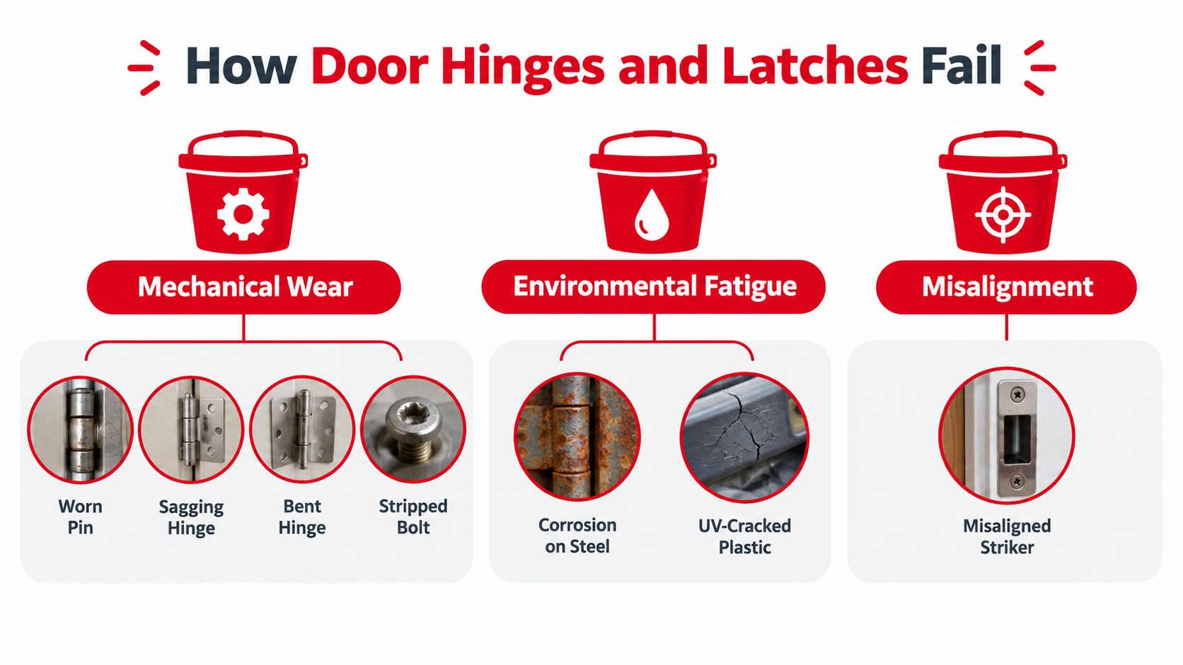 An infographic illustrating common reasons why door hinges and latches fail, including mechanical wear, environmental fatigue, and misalignment.
