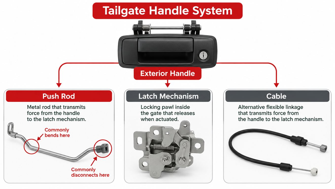 A diagram illustrating the components of a vehicle tailgate handle system including the rod, latch, and cable.