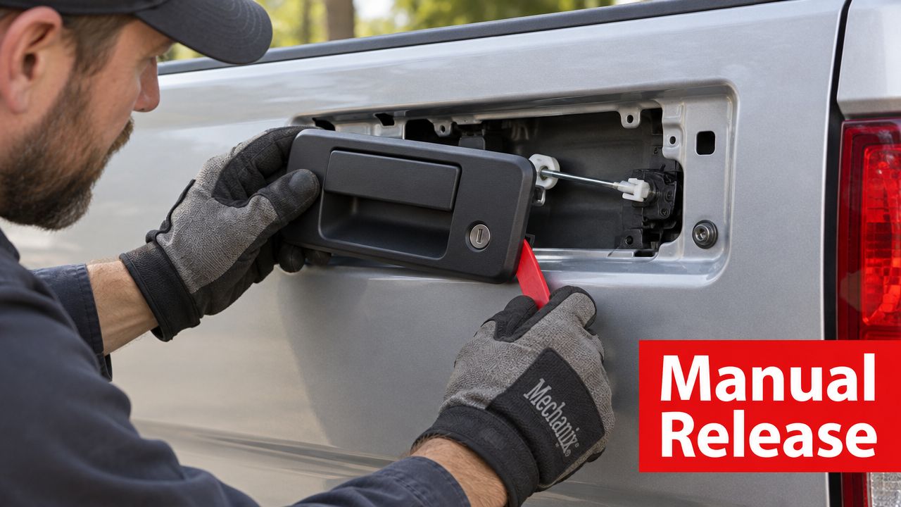 A technician using a red trim tool to carefully remove a truck tailgate handle for repair.