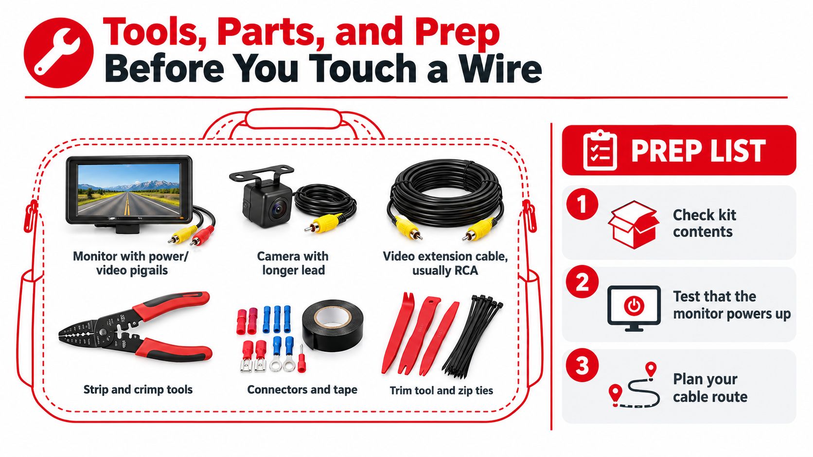 A diagram outlining the necessary tools and equipment needed for a rearview backup camera installation project.