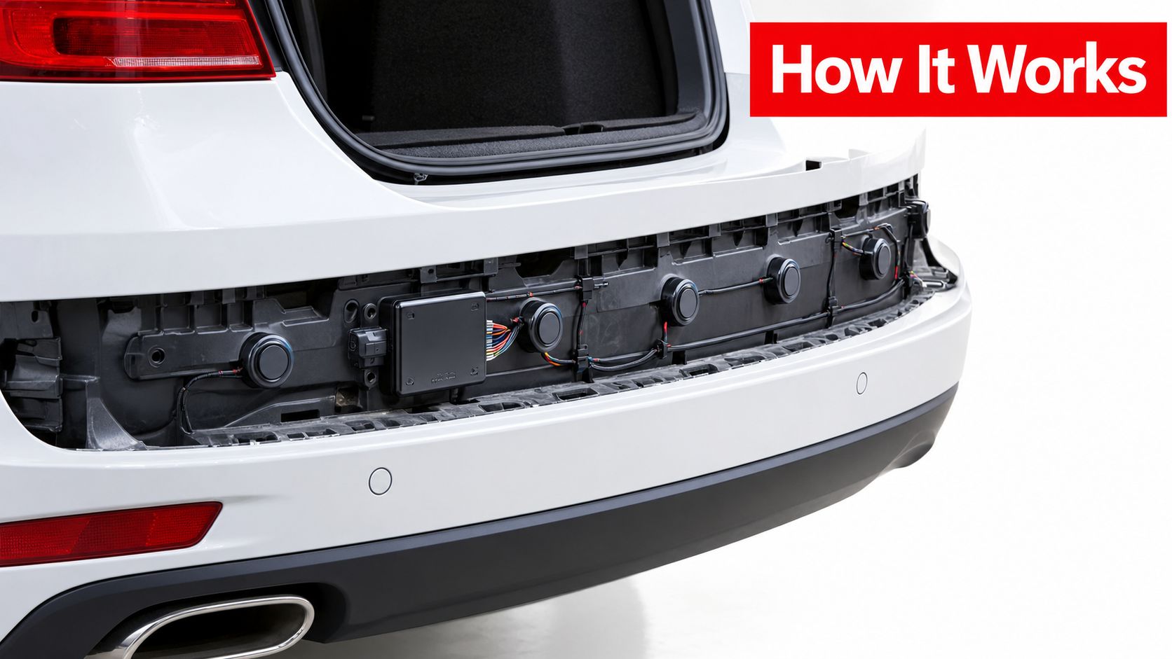 A close-up view of a car rear bumper with parking sensors and control module exposed.