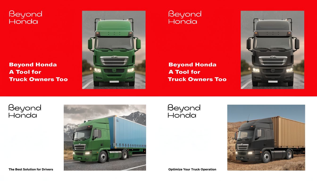 A digital display featuring green and black commercial trucks alongside the Beyond Honda brand logo and promotional text.