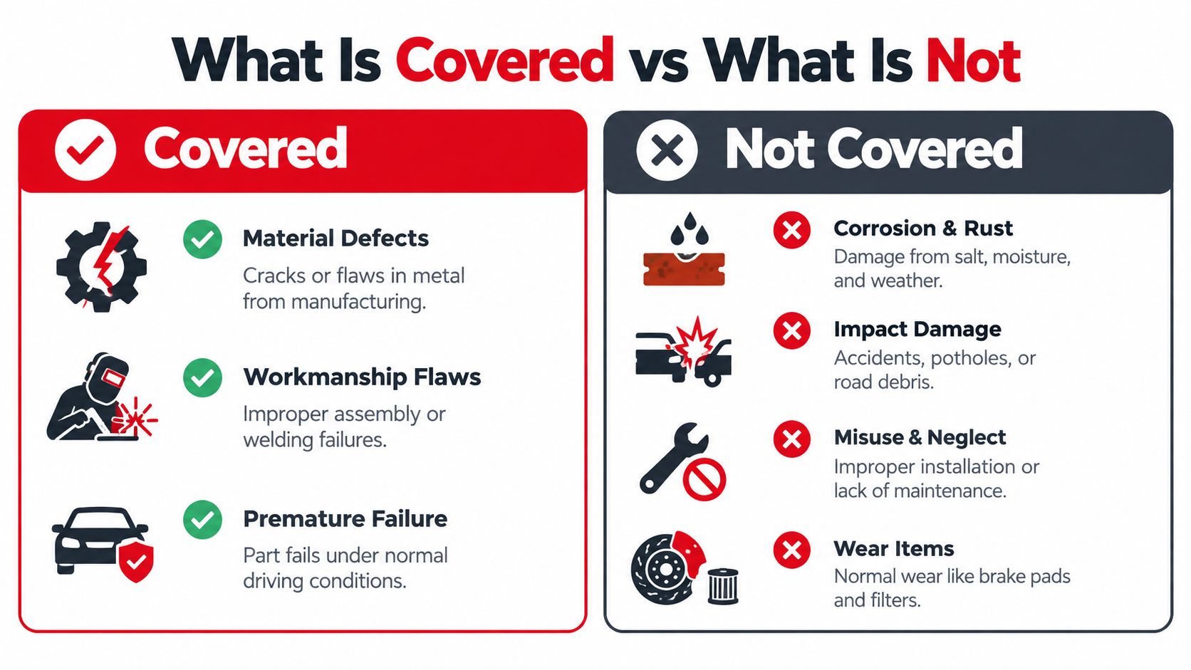 A comparison chart showing what is covered versus what is not covered under a car part warranty.