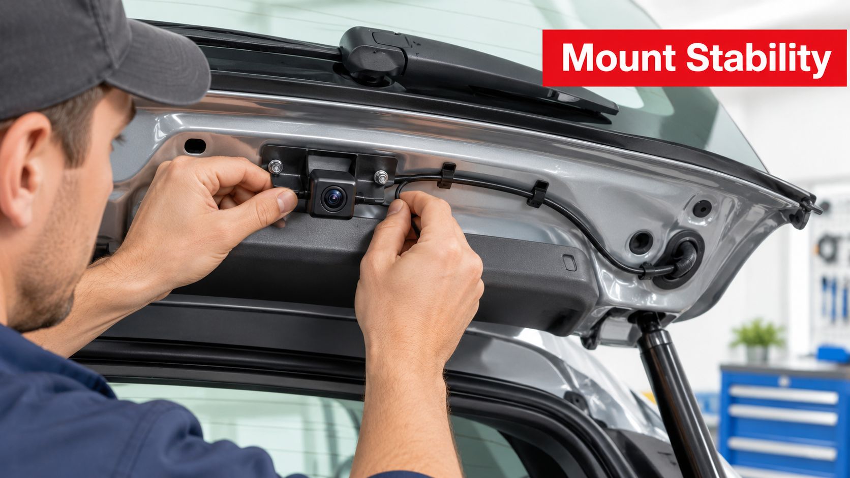 A professional technician carefully installing a rear view backup camera mount onto a car trunk lid.